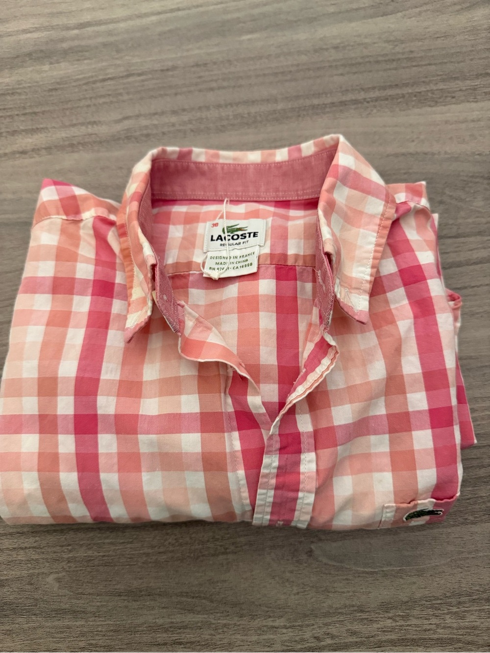 Lacoste Men’s Pink and White Check Cotton Button-Down Shirt